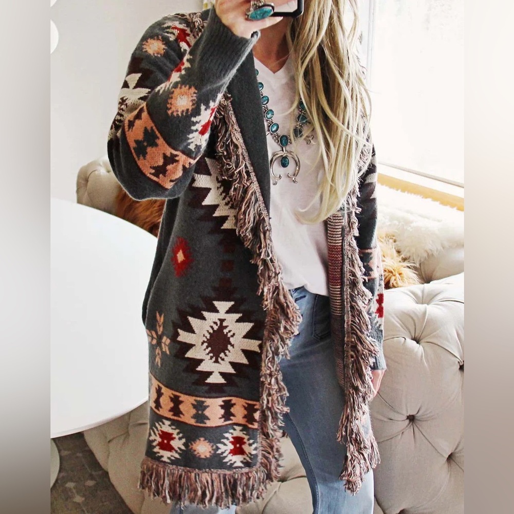Aztec Patterned Fringe Cardigan Sweater